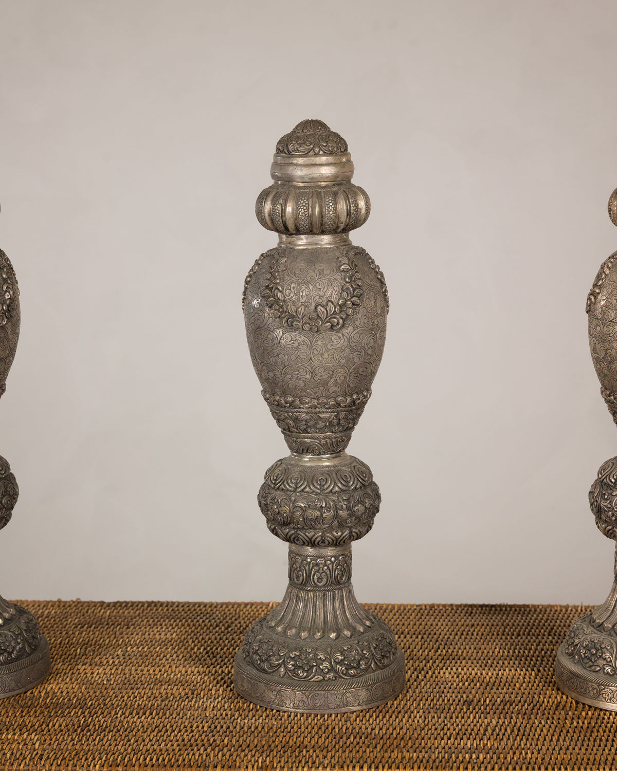 Set of Three Vintage Indian Silver-Plated Embossed Vessels, side view