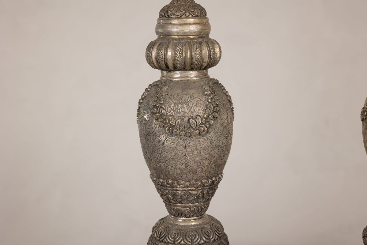 Set of Three Vintage Indian Silver-Plated Embossed Vessels, construction detail
