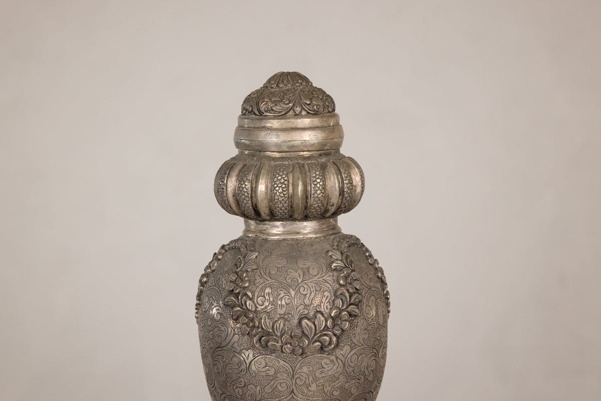 Set of Three Vintage Indian Silver-Plated Embossed Vessels, reverse view