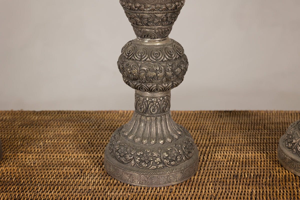 Set of Three Vintage Indian Silver-Plated Embossed Vessels, close-up detail
