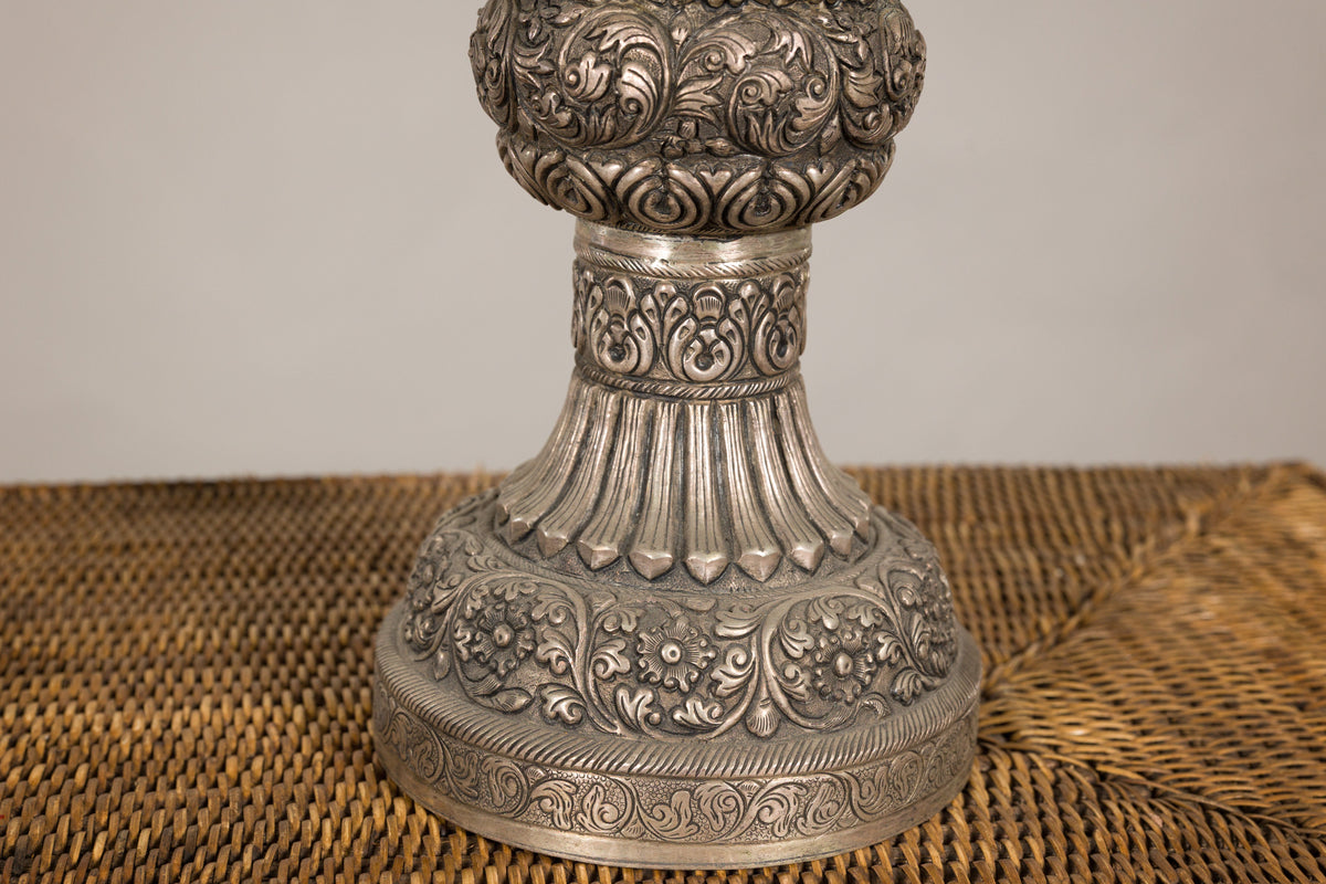 Set of Three Vintage Indian Silver-Plated Embossed Vessels, base detail