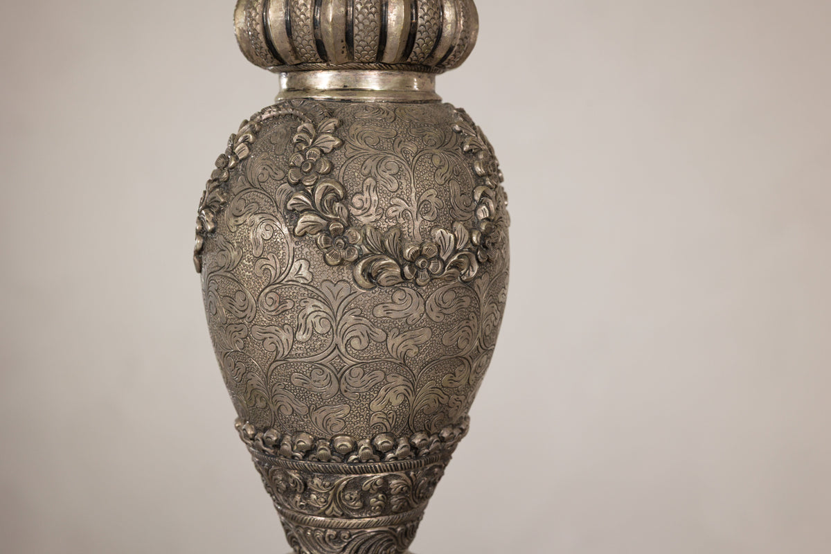 Set of Three Vintage Indian Silver-Plated Embossed Vessels, top detail