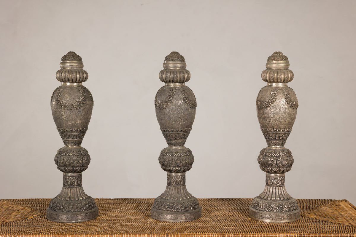 Set of Three Vintage Indian Silver-Plated Embossed Vessels, additional gallery view 11