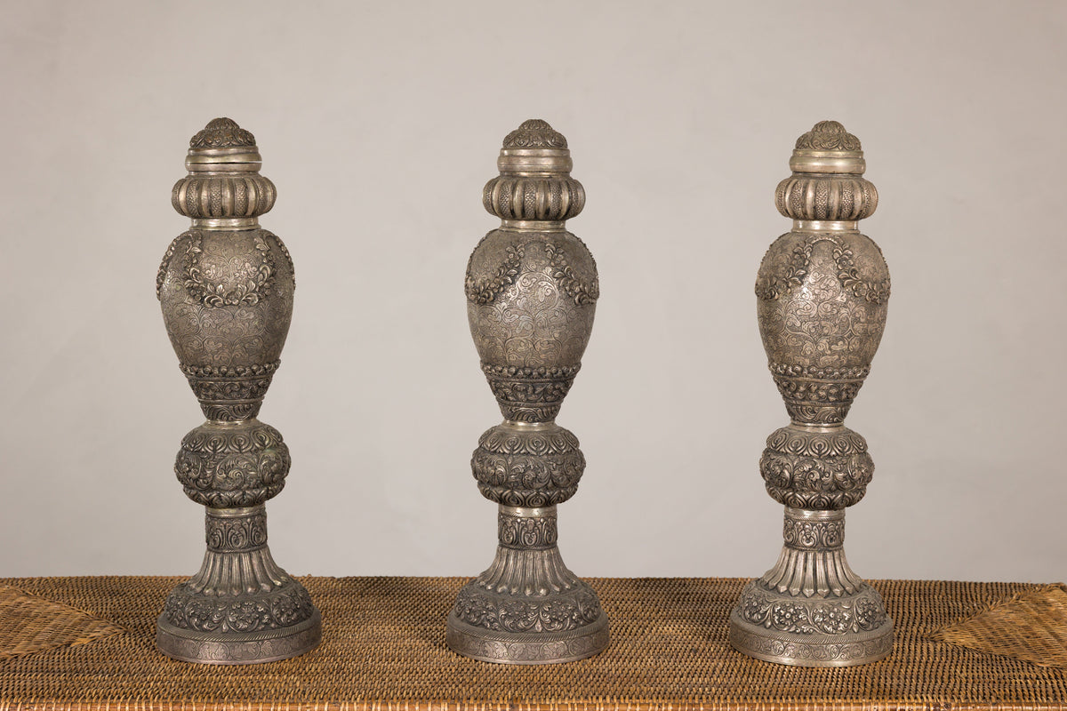 Set of Three Vintage Indian Silver-Plated Embossed Vessels, additional gallery view 13