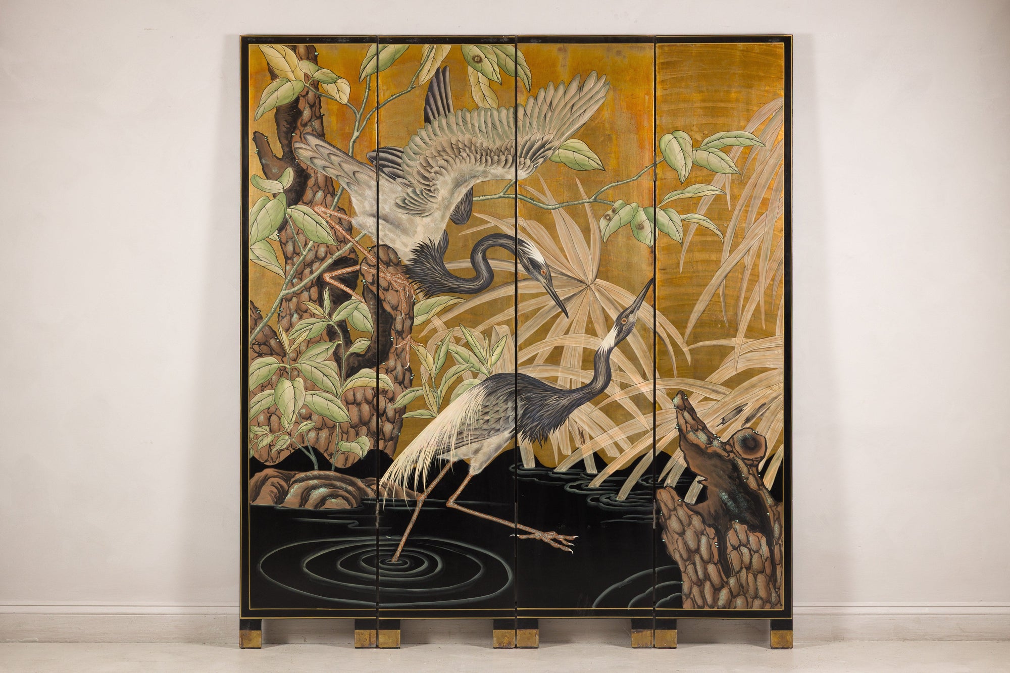 Gold-tone painted wood Chinese screen with four panels featuring cranes, frog, water, and green plants.