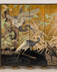 Gold-tone painted wood Chinese screen with four panels featuring cranes, frog, water, and green plants.