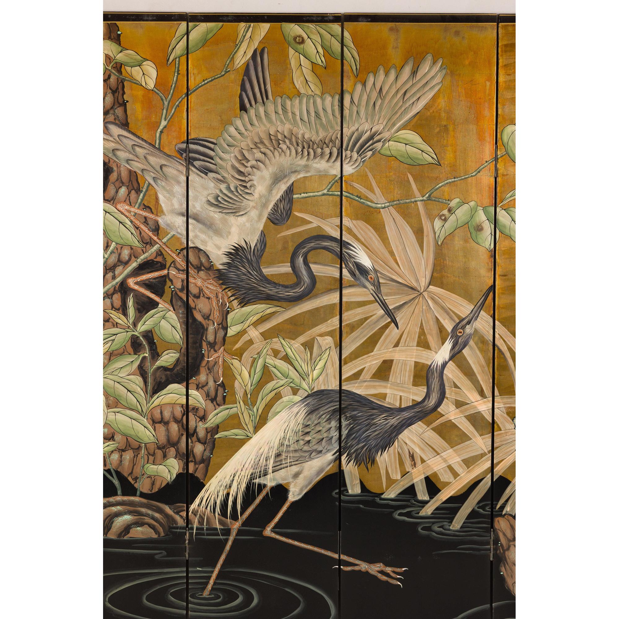 Close-up of left screen panels with cranes and reeds