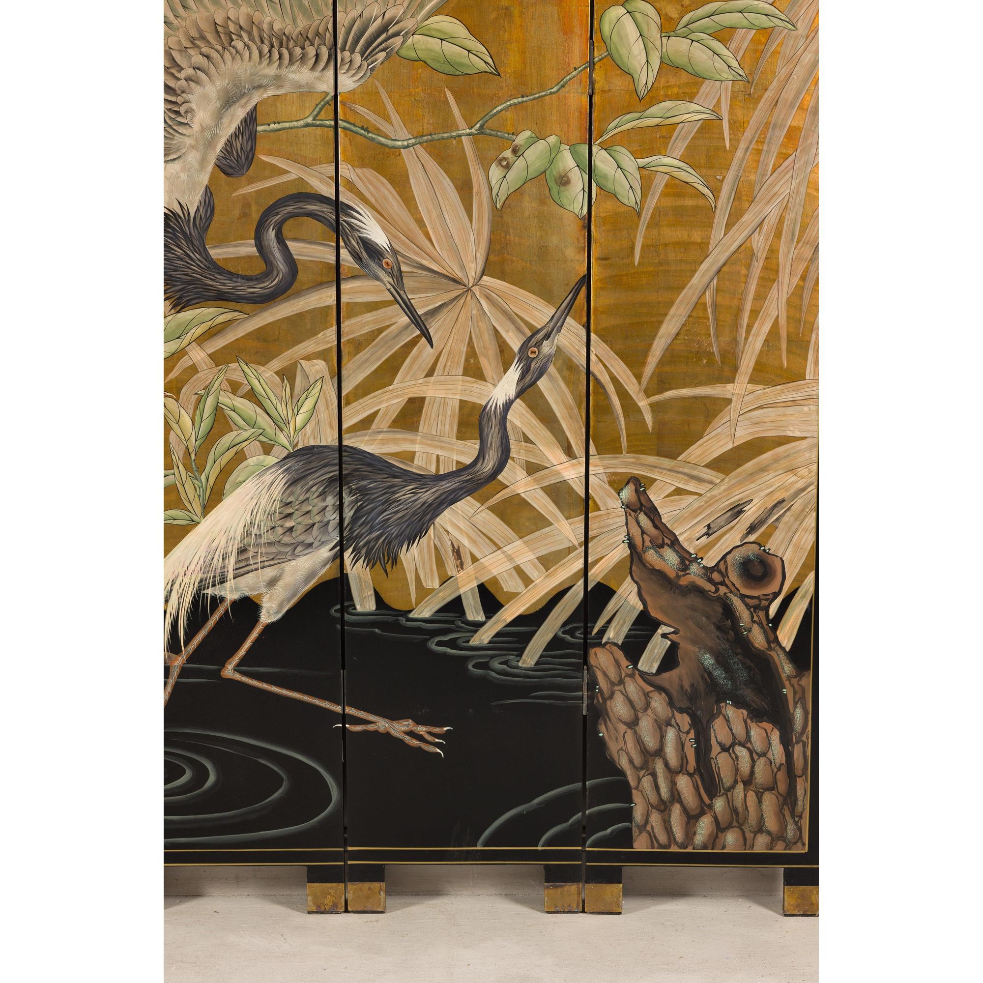 Close-up of right screen panels with cranes and landscape