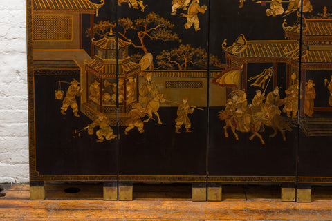 Vintage Six-Panel Gold and Black Screen with Hand-Painted Scenes-YN2876-23. Asian & Chinese Furniture, Art, Antiques, Vintage Home Décor for sale at FEA Home