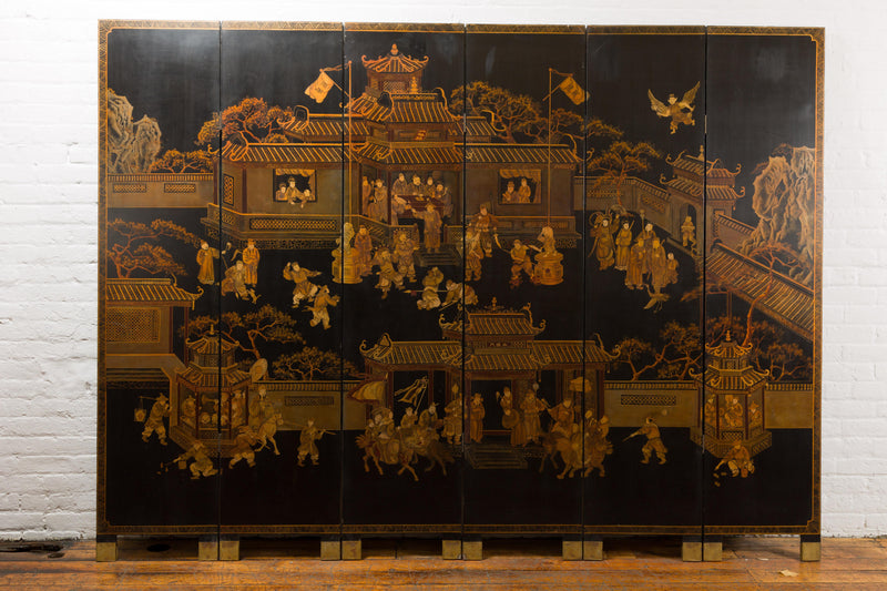Vintage Six-Panel Gold and Black Screen with Hand-Painted Scenes-YN2876-24. Asian & Chinese Furniture, Art, Antiques, Vintage Home Décor for sale at FEA Home