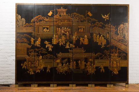 Vintage Six-Panel Gold and Black Screen with Hand-Painted Scenes-YN2876-24. Asian & Chinese Furniture, Art, Antiques, Vintage Home Décor for sale at FEA Home