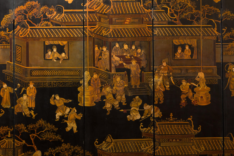 Vintage Six-Panel Gold and Black Screen with Hand-Painted Scenes-YN2876-25. Asian & Chinese Furniture, Art, Antiques, Vintage Home Décor for sale at FEA Home