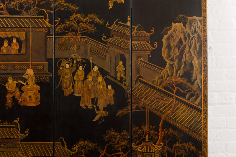 Vintage Six-Panel Gold and Black Screen with Hand-Painted Scenes-YN2876-26. Asian & Chinese Furniture, Art, Antiques, Vintage Home Décor for sale at FEA Home