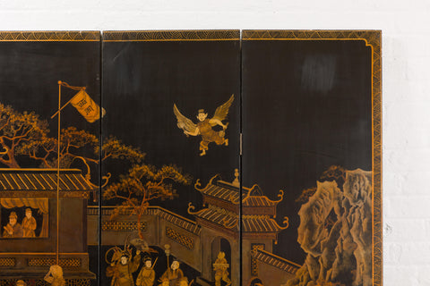 Vintage Six-Panel Gold and Black Screen with Hand-Painted Scenes-YN2876-27. Asian & Chinese Furniture, Art, Antiques, Vintage Home Décor for sale at FEA Home