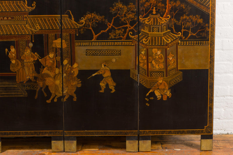 Vintage Six-Panel Gold and Black Screen with Hand-Painted Scenes-YN2876-28. Asian & Chinese Furniture, Art, Antiques, Vintage Home Décor for sale at FEA Home