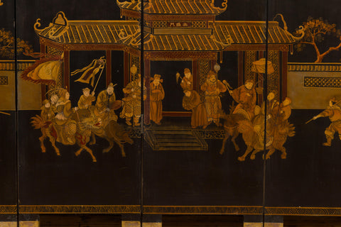 Vintage Six-Panel Gold and Black Screen with Hand-Painted Scenes-YN2876-29. Asian & Chinese Furniture, Art, Antiques, Vintage Home Décor for sale at FEA Home