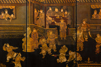 Vintage Six-Panel Gold and Black Screen with Hand-Painted Scenes