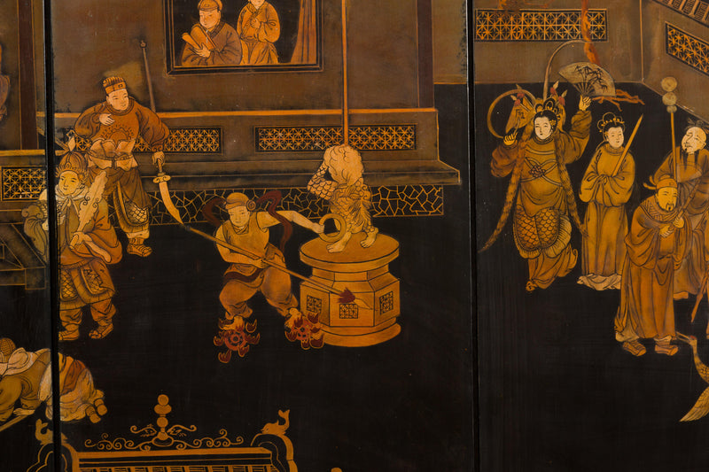 Vintage Six-Panel Gold and Black Screen with Hand-Painted Scenes-YN2876-31. Asian & Chinese Furniture, Art, Antiques, Vintage Home Décor for sale at FEA Home