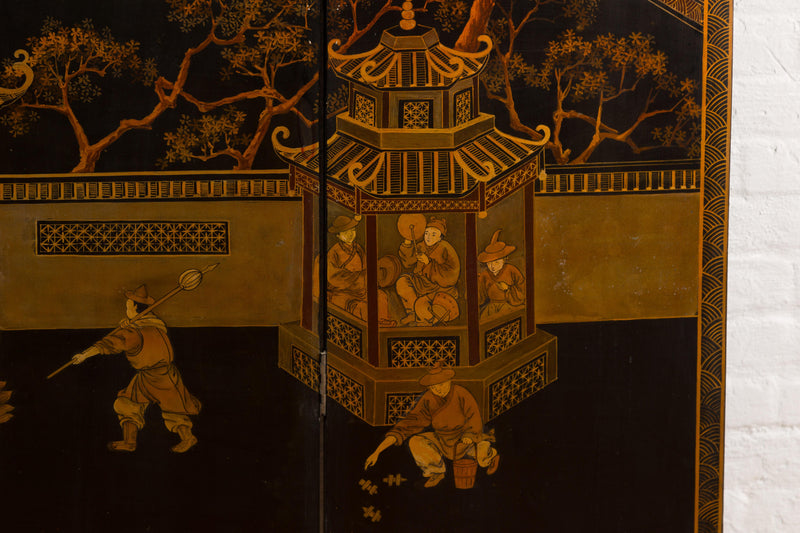 Vintage Six-Panel Gold and Black Screen with Hand-Painted Scenes-YN2876-33. Asian & Chinese Furniture, Art, Antiques, Vintage Home Décor for sale at FEA Home