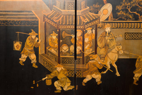 Vintage Six-Panel Gold and Black Screen with Hand-Painted Scenes-YN2876-35. Asian & Chinese Furniture, Art, Antiques, Vintage Home Décor for sale at FEA Home