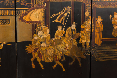 Vintage Six-Panel Gold and Black Screen with Hand-Painted Scenes-YN2876-36. Asian & Chinese Furniture, Art, Antiques, Vintage Home Décor for sale at FEA Home