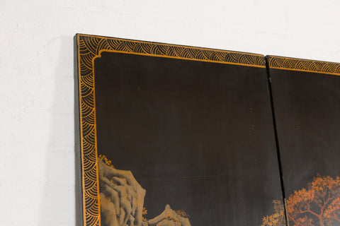 Vintage Six-Panel Gold and Black Screen with Hand-Painted Scenes-YN2876-37. Asian & Chinese Furniture, Art, Antiques, Vintage Home Décor for sale at FEA Home