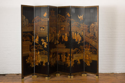 Vintage Six-Panel Gold and Black Screen with Hand-Painted Scenes-YN2876-38. Asian & Chinese Furniture, Art, Antiques, Vintage Home Décor for sale at FEA Home