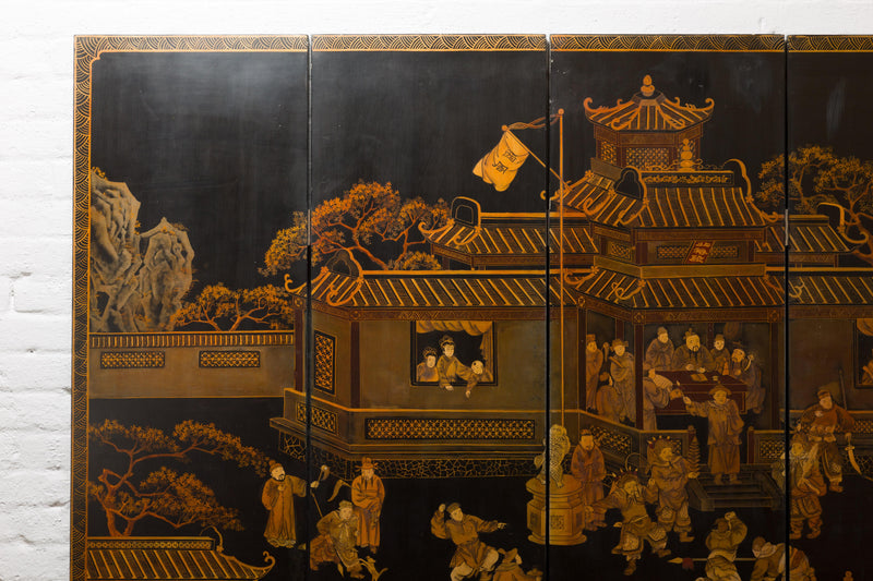 Vintage Six-Panel Gold and Black Screen with Hand-Painted Scenes-YN2876-22. Asian & Chinese Furniture, Art, Antiques, Vintage Home Décor for sale at FEA Home