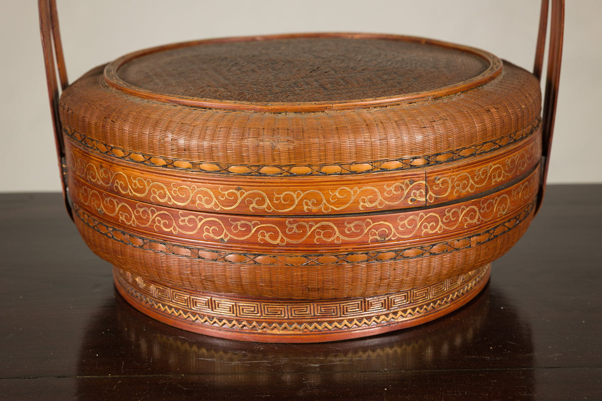 Vintage Chinese Woven Rattan Basket with Painted Cover, construction detail