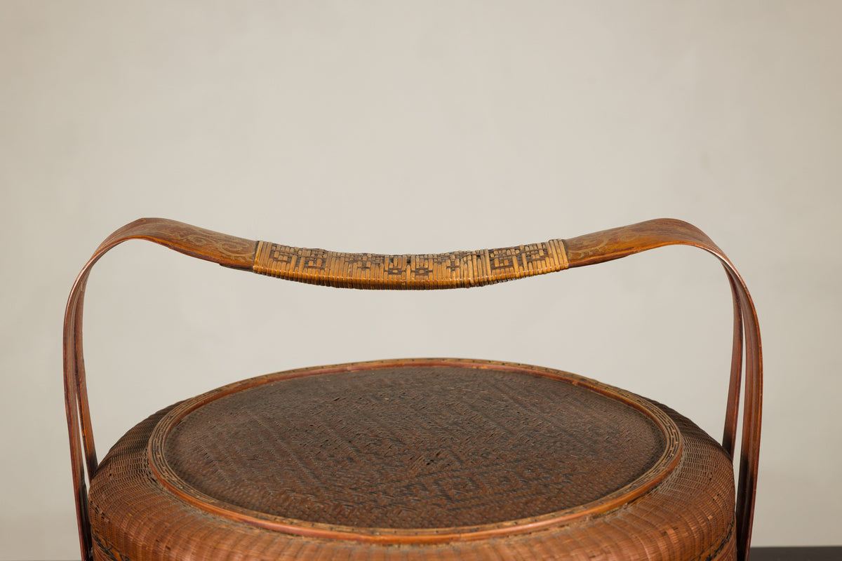 Vintage Chinese Woven Rattan Basket with Painted Cover, reverse view