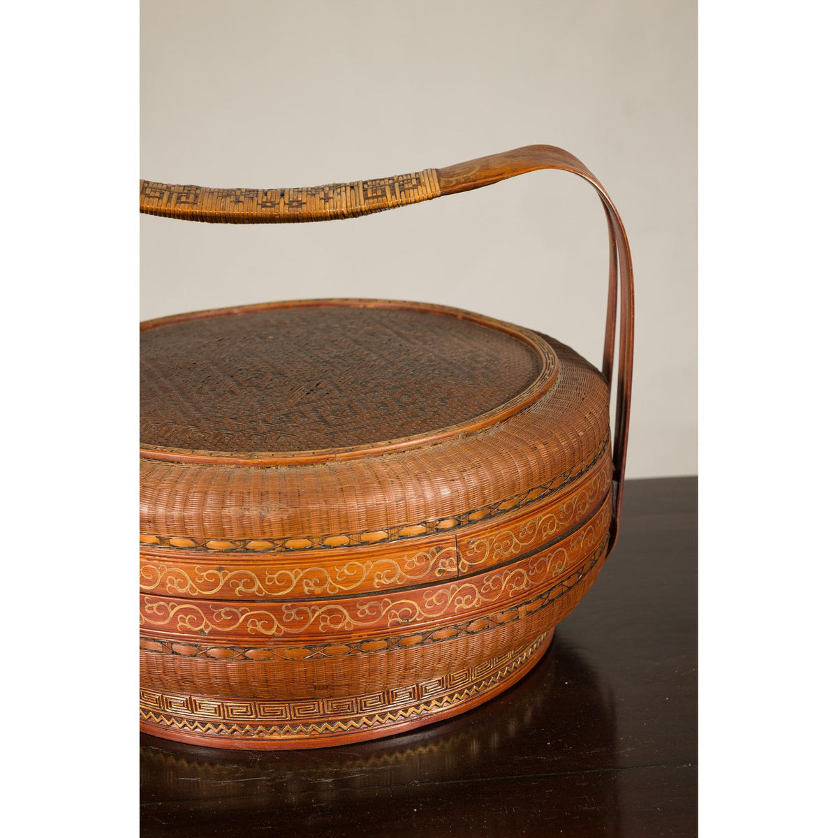 Vintage Chinese Woven Rattan Basket with Painted Cover, base detail