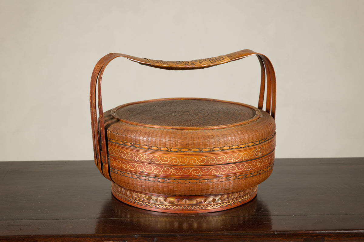 Vintage Chinese Woven Rattan Basket with Painted Cover, top detail