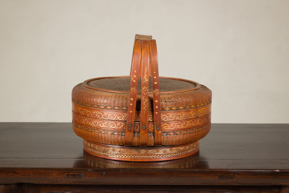 Vintage Chinese Woven Rattan Basket with Painted Cover, additional gallery view 12
