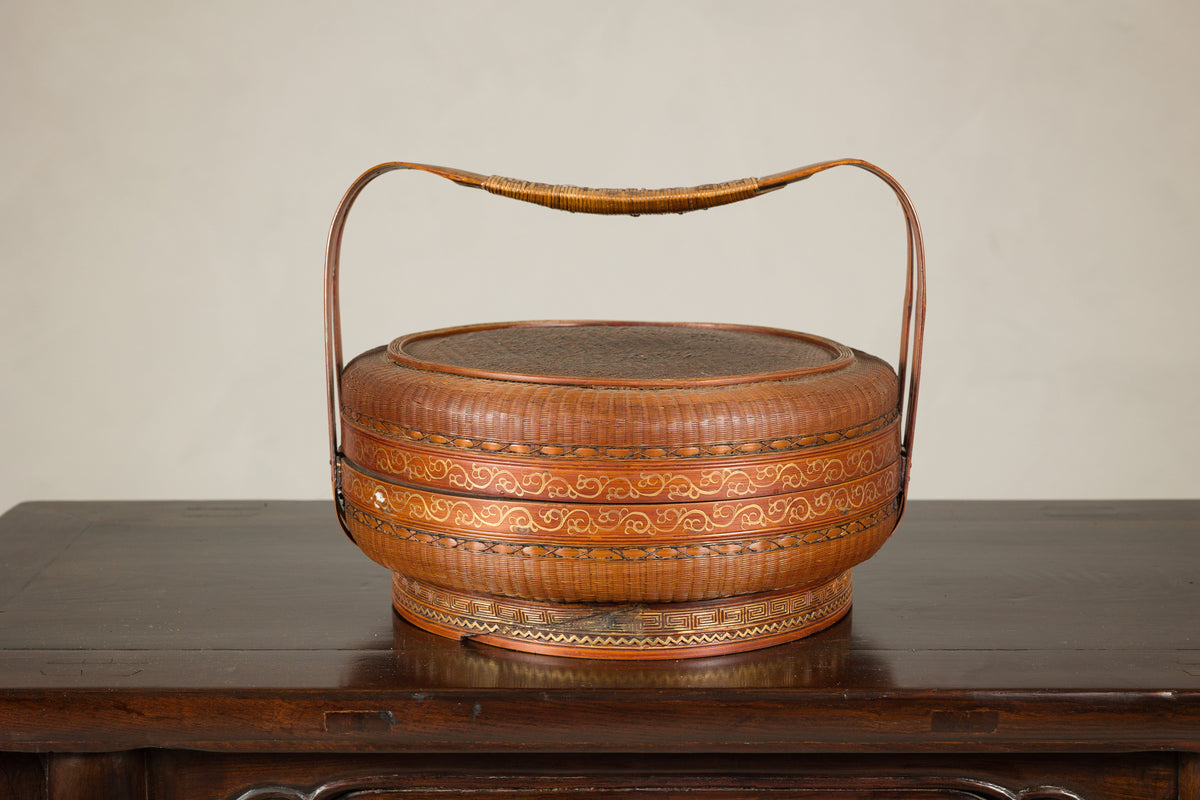 Vintage Chinese Woven Rattan Basket with Painted Cover, additional gallery view 13