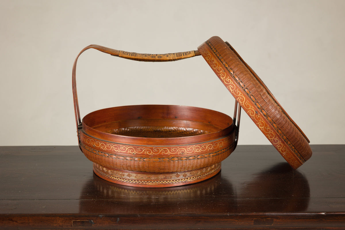 Vintage Chinese Woven Rattan Basket with Painted Cover, additional gallery view 16