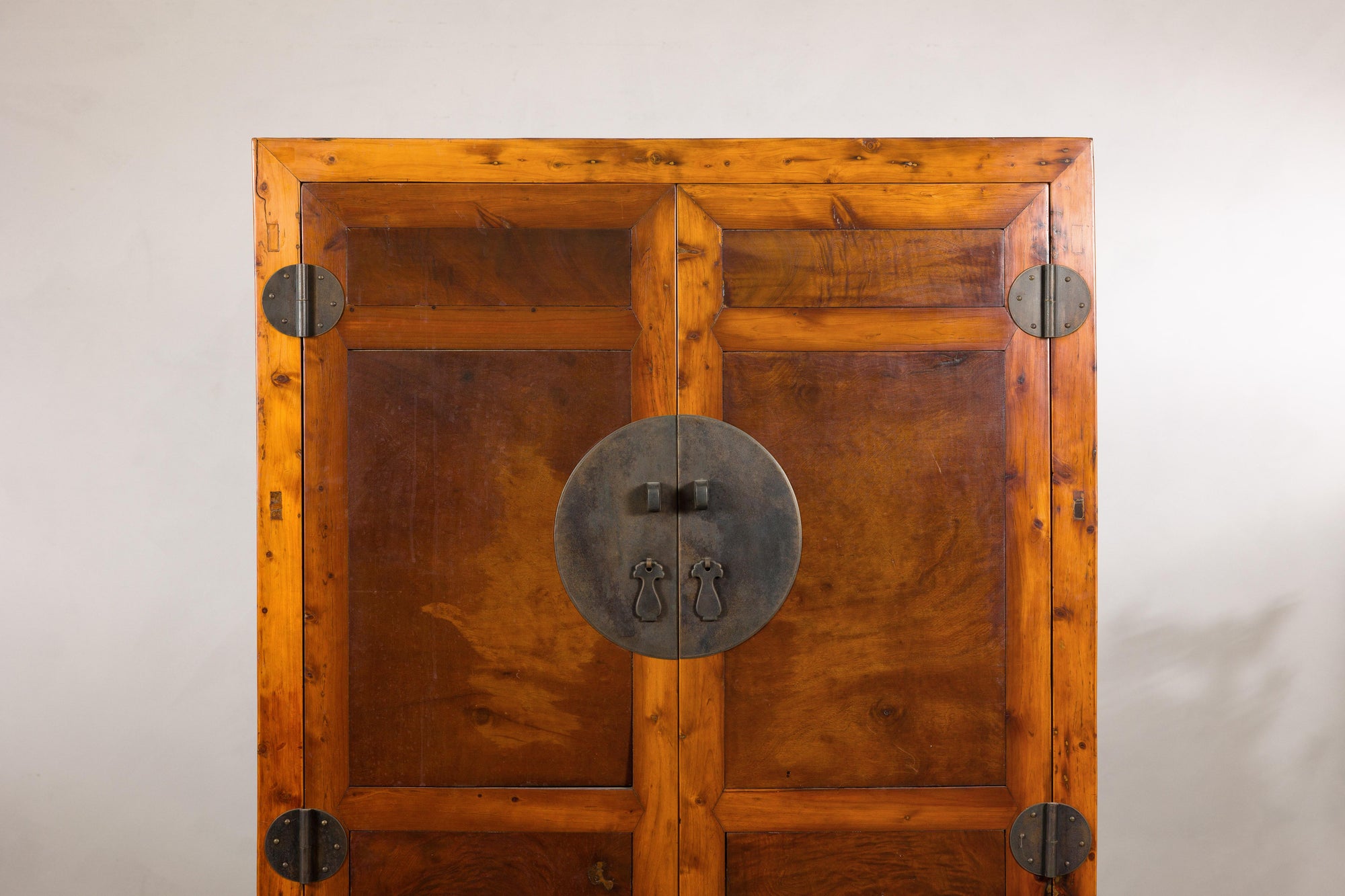 Chinese elm and burl wood cabinet base view