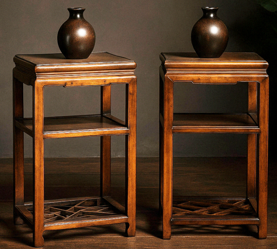 Near Pair of Hardwood End Tables with Fretwork Geometric Base, Vintage-1. Asian & Chinese Furniture, Art, Antiques, Vintage Home Décor for sale at FEA Home