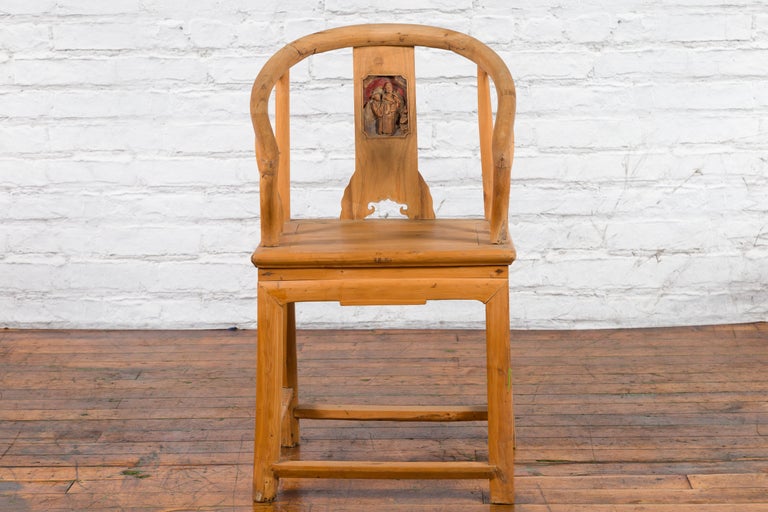 Chinese Qing Dynasty 19th Century Elmwood Chair with Character Carved Medallion
