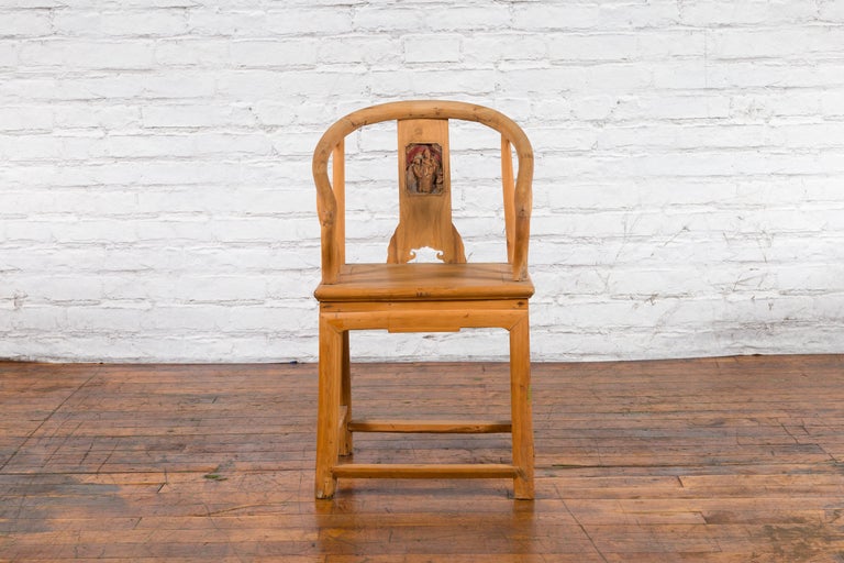 Chinese Qing Dynasty 19th Century Elmwood Chair with Character Carved Medallion