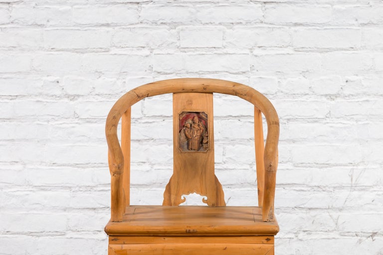Chinese Qing Dynasty 19th Century Elmwood Chair with Character Carved Medallion