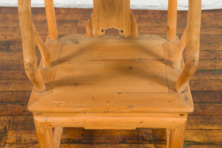 Chinese Qing Dynasty 19th Century Elmwood Chair with Character Carved Medallion