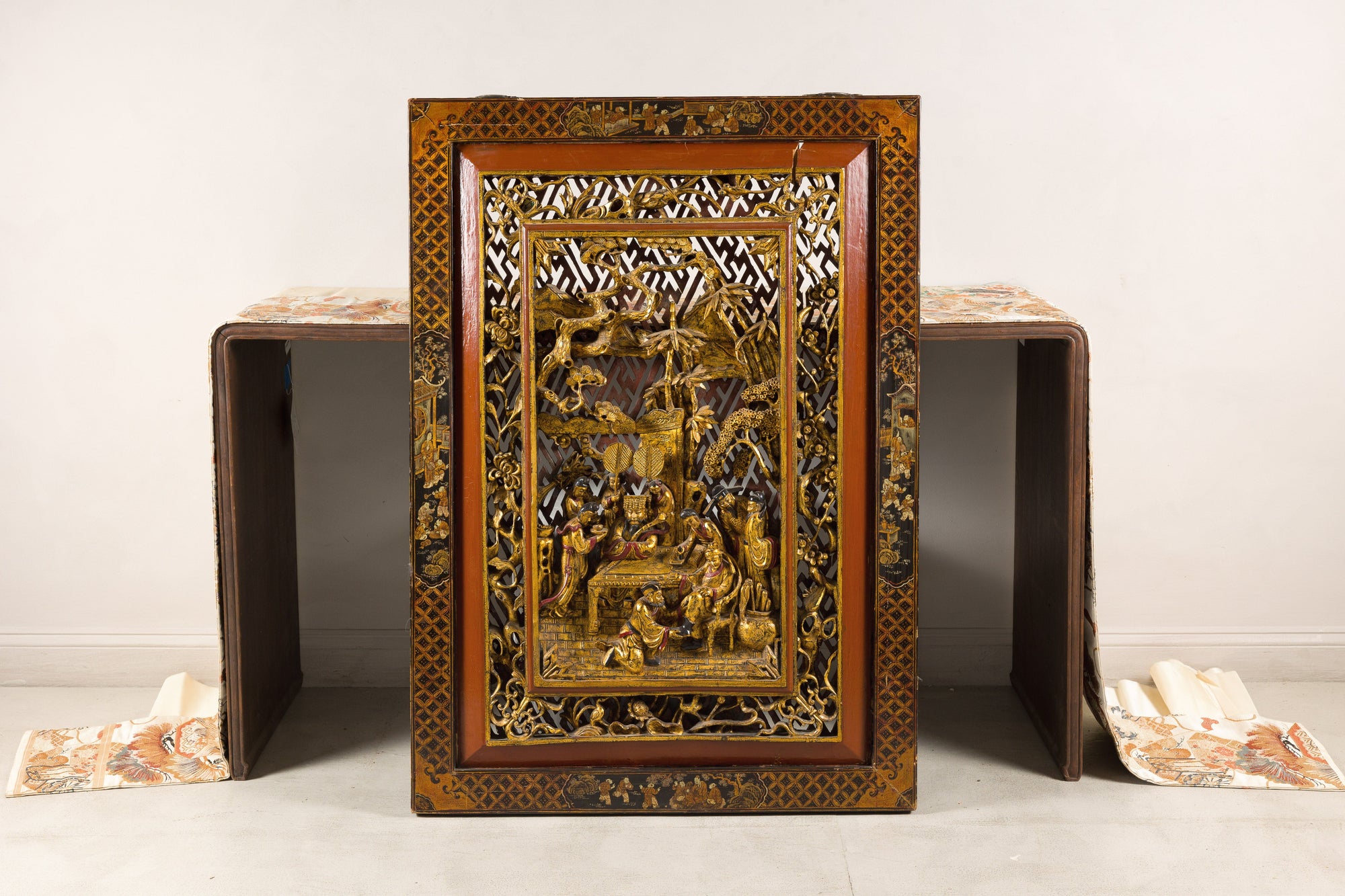 Carved Chinese court scene panel, full front view