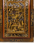 Full front view of carved wall panel and lower figures