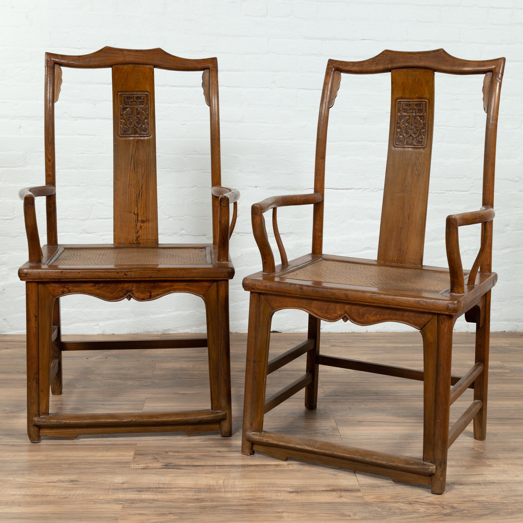 Pair of Elmwood Scholar Armchairs with Rattan Seats, SKU , image 2