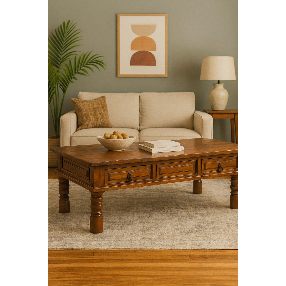 Vintage Indian Wooden Coffee Table with Two Drawers and Baluster Legs-1. Asian & Chinese Furniture, Art, Antiques, Vintage Home Décor for sale at FEA Home