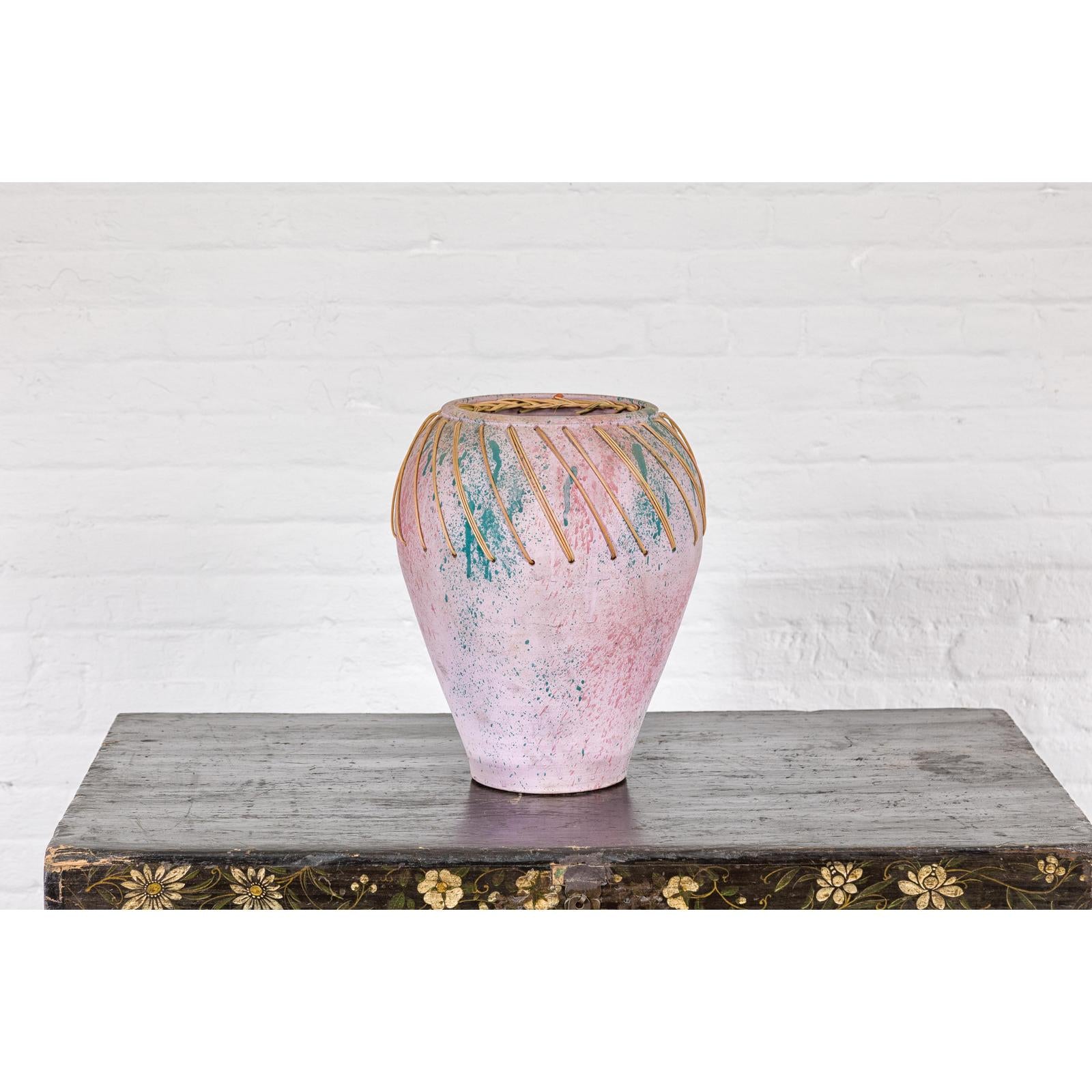 Hand-Crafted American Artists Collection Pink Pastel Vase with Weaving