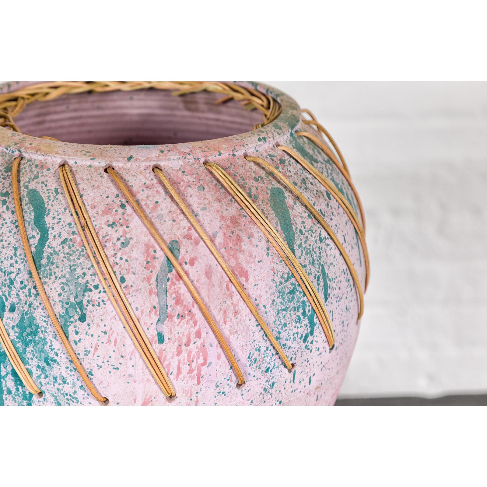Hand-Crafted American Artists Collection Pink Pastel Vase with Weaving