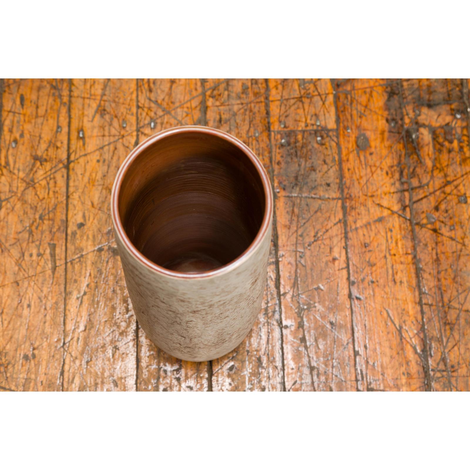 Cream &amp; Speckled Brown Ceramic Vase with Brown Inside