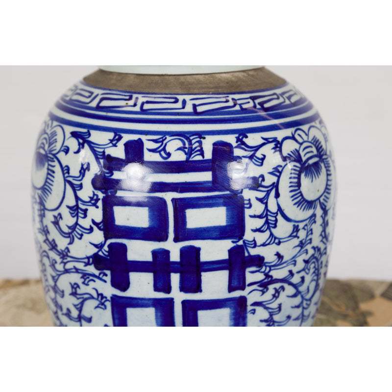 Near Pair of White and Blue Porcelain Double Happiness Lidded Ginger Jars-YN7916-9. Asian & Chinese Furniture, Art, Antiques, Vintage Home Décor for sale at FEA Home