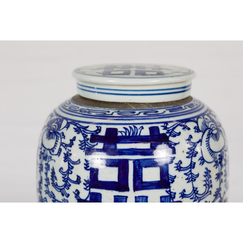 Near Pair of White and Blue Porcelain Double Happiness Lidded Ginger Jars-YN7916-11. Asian & Chinese Furniture, Art, Antiques, Vintage Home Décor for sale at FEA Home